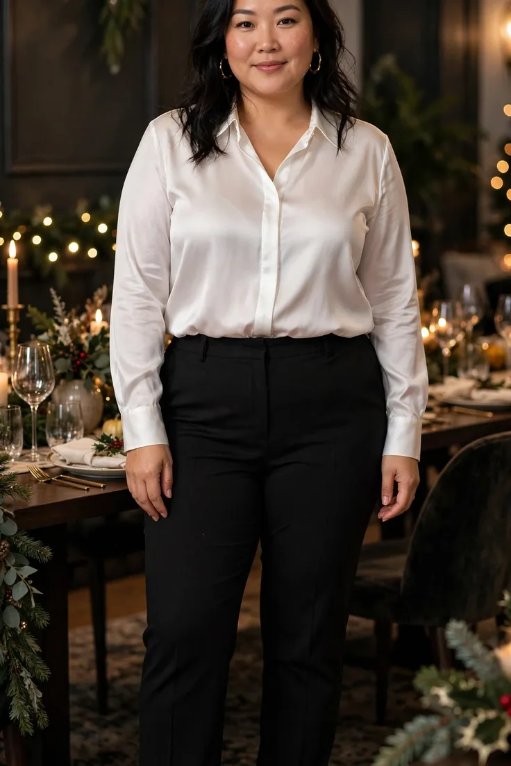 White silk shirt plus size holiday capsule wardrobe