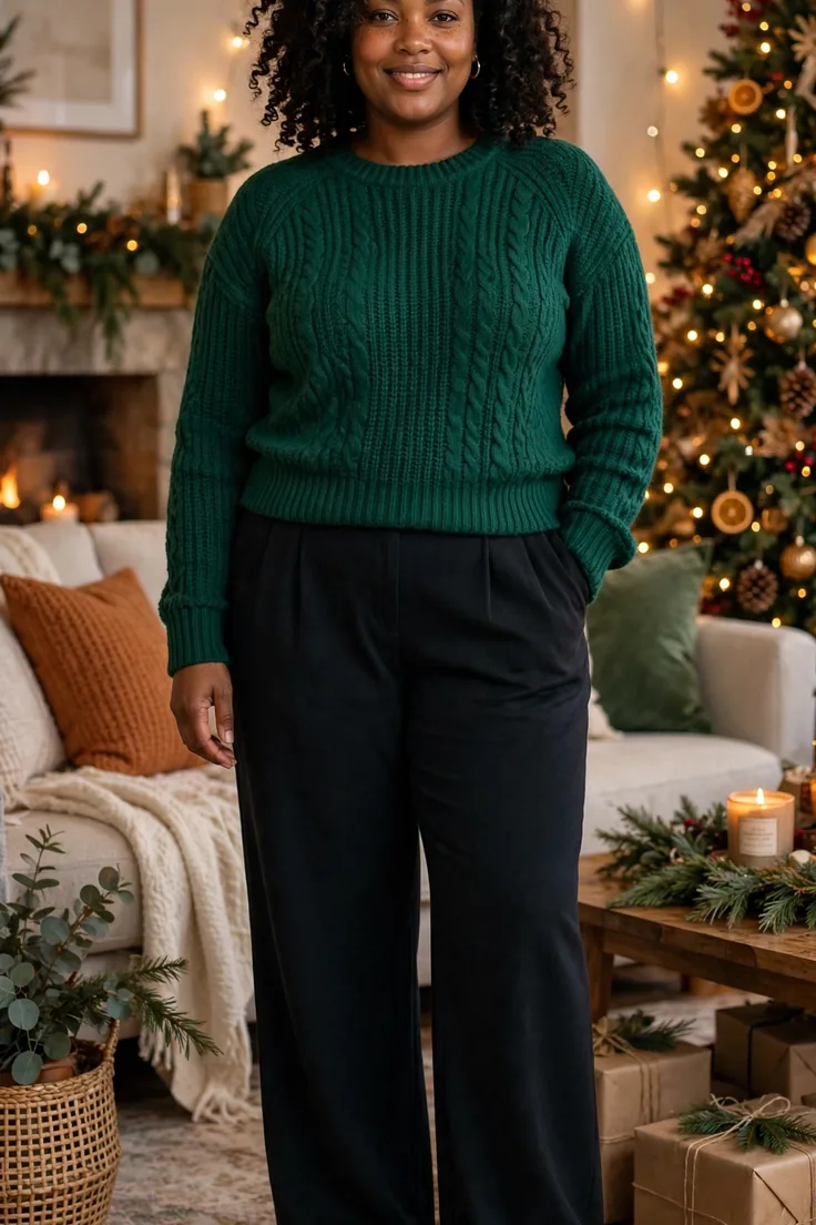 Emerald green sweater plus size holiday capsule wardrobe