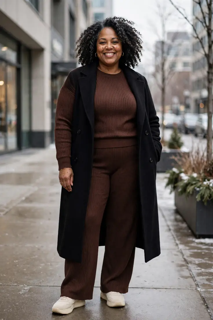 Knit Co-ord Set with Long Wool Coat plus size winter outfit
