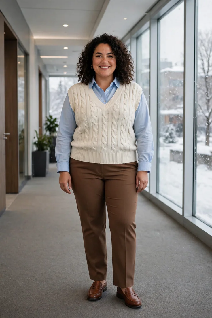 Sweater vest over a button down with trousers plus size winter layering outfit