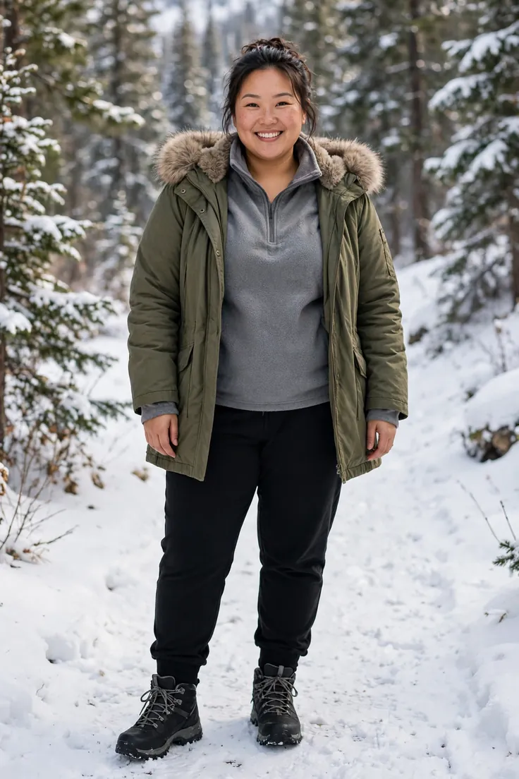 Parka over a fleece and joggers plus size winter layering outfit