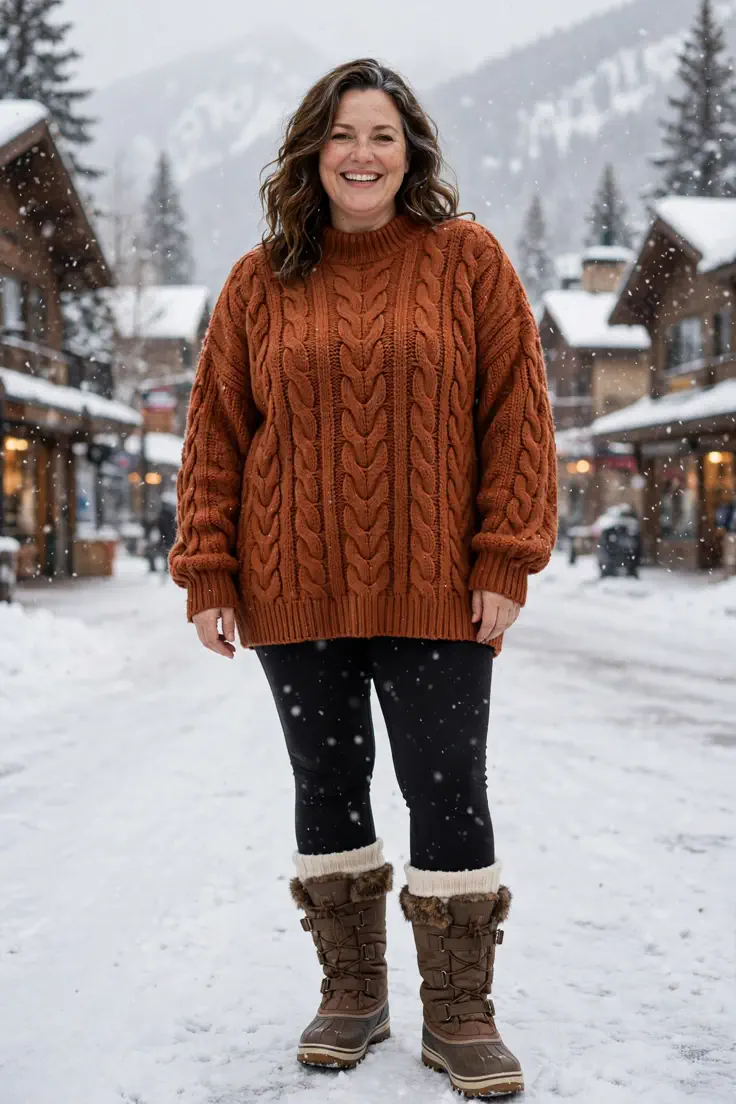 Snow Boots with Oversized Sweater and Leggings plus size winter outfit