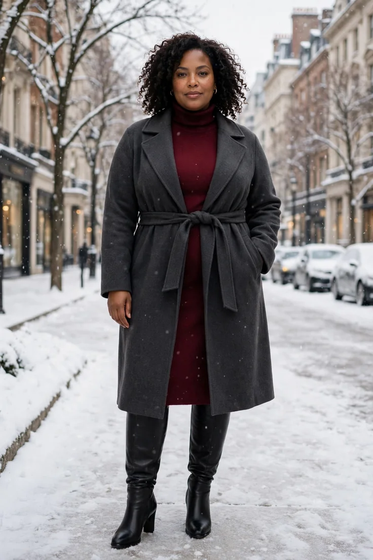 Wrap coat over a turtleneck dress and knee high boots plus size winter layering outfit