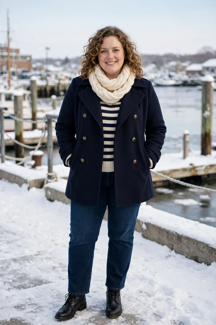 Chunky scarf over a peacoat with a sweater plus size winter layering outfit