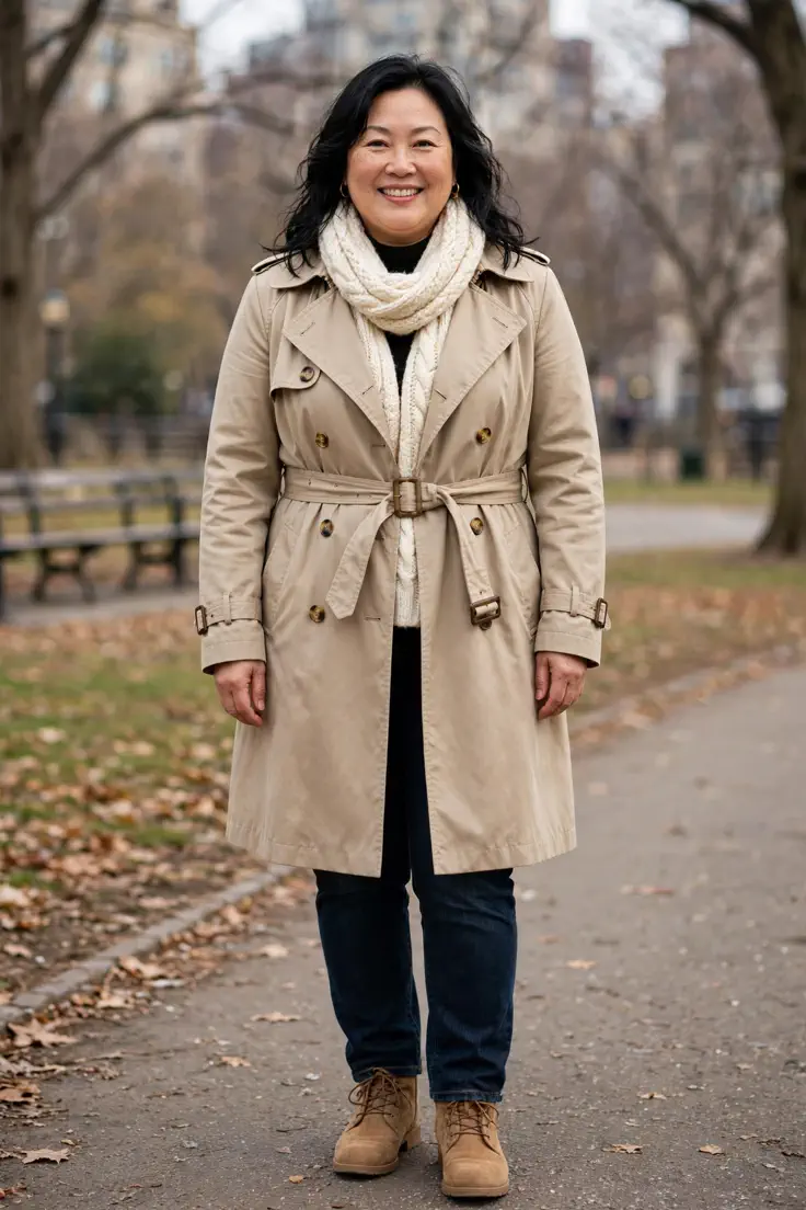 Trench Coat with Chunky Scarf and Ankle Boots plus size winter outfit