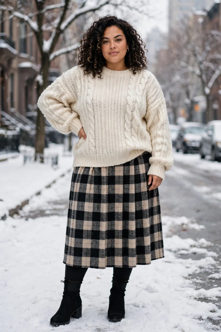 Base layer leggings under a midi skirt and sweater plus size winter layering outfit