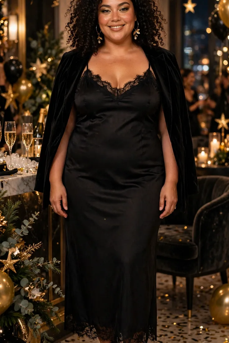Black slip dress plus size holiday capsule wardrobe