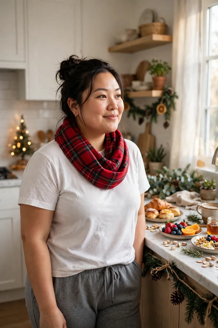 Tartan scarf with a white tee and joggers plus size christmas morning outfit