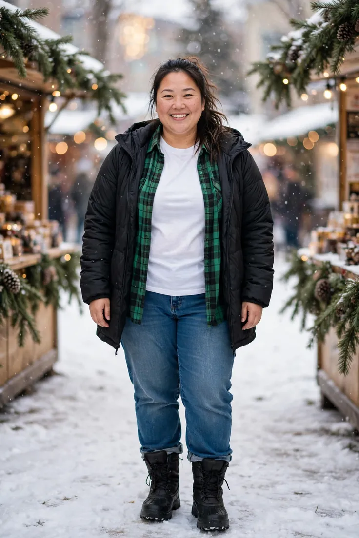 Flannel shirt open over a tee with a puffer plus size winter layering outfit