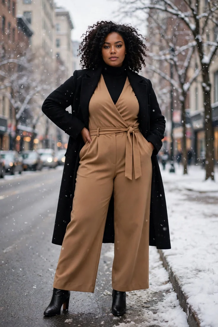 Turtleneck under a jumpsuit with a long coat plus size winter layering outfit